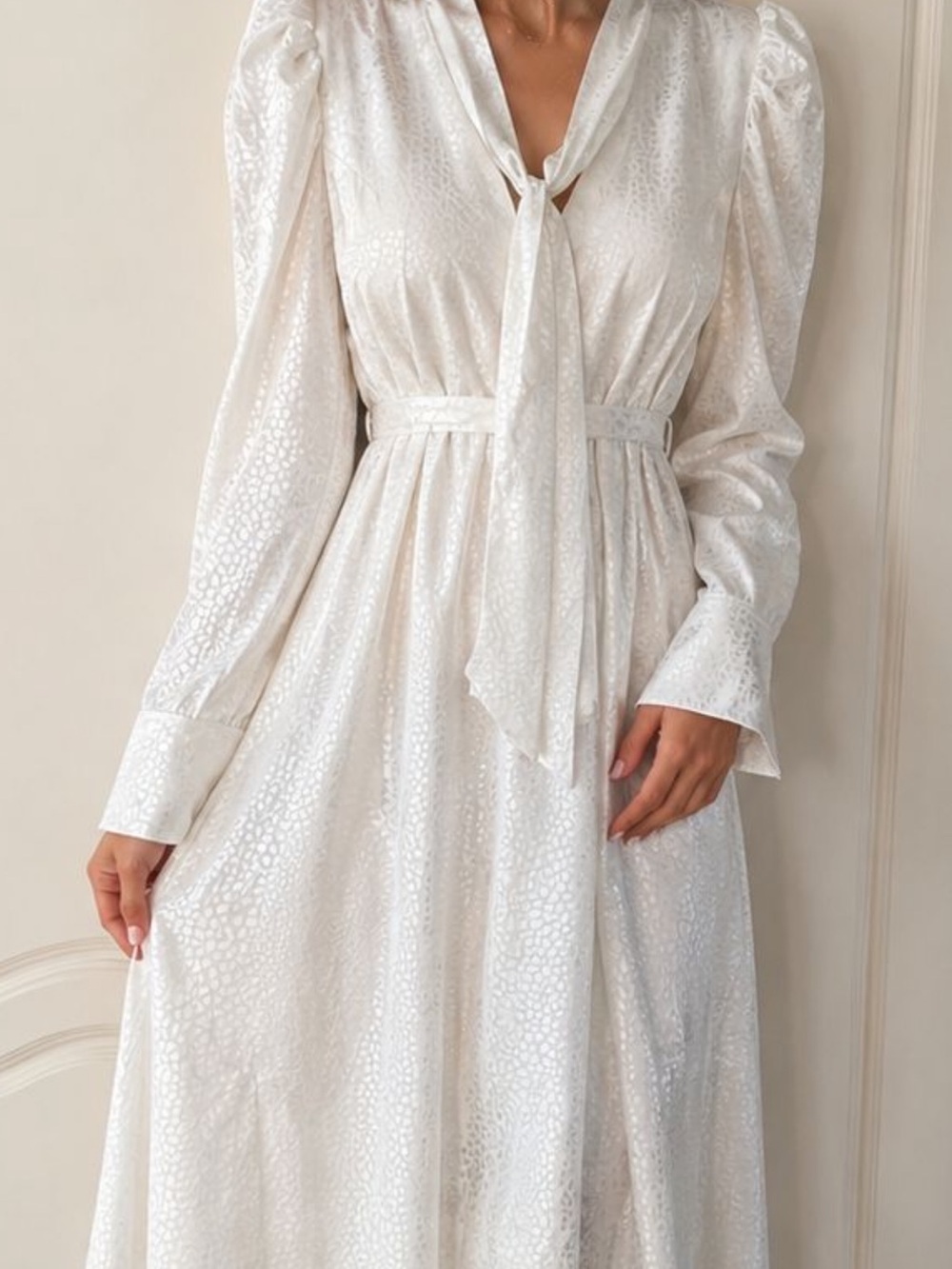 Moda Ivory Tie-Neck Long Sleeve Maxi Dress